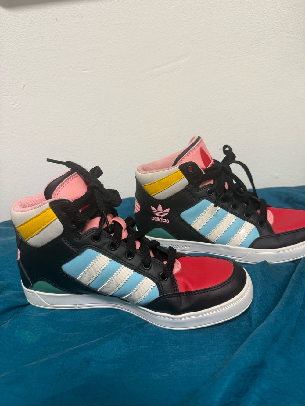 adidas Multicolor High-Top Sneakers — Pink, Red, Light Blue, Black